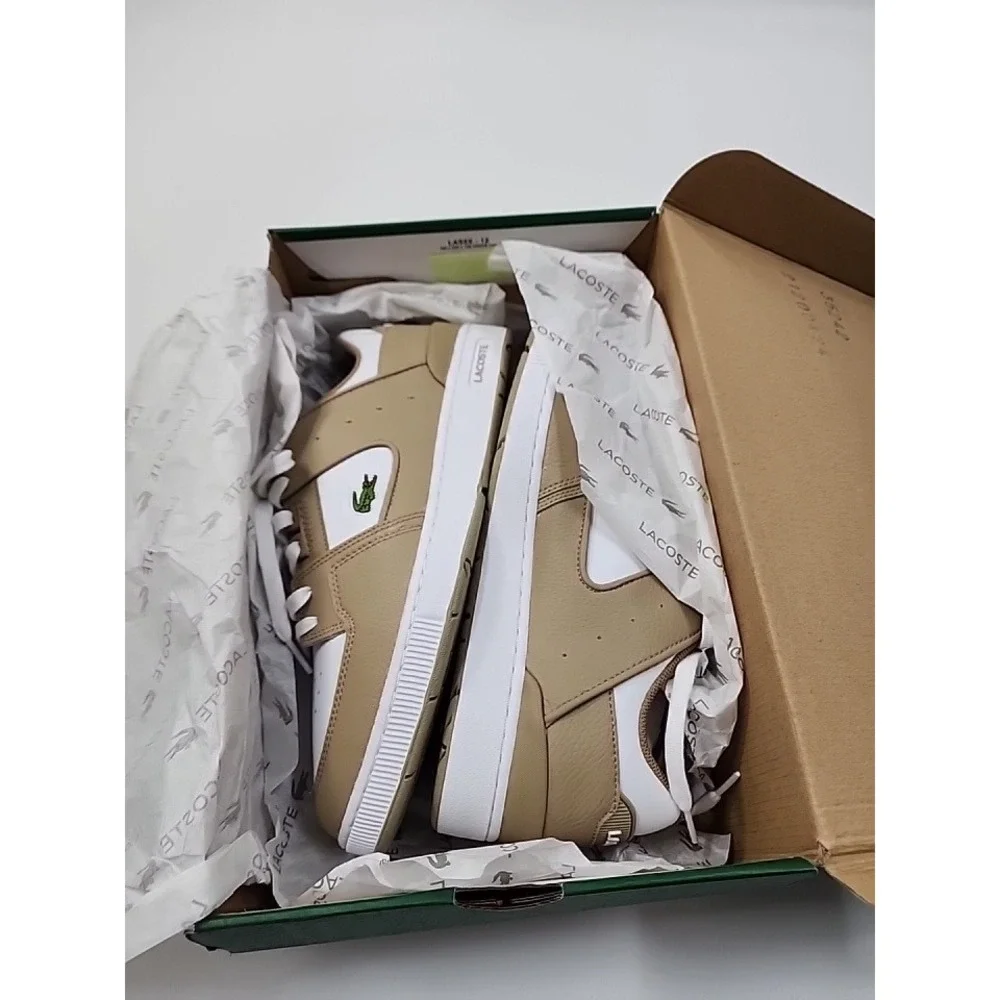 Lacoste Court Cage 224 1 Mens White Tan Leather Sneakers 748SMA0016BW8 Size 12
